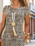 Ethnic Dress Shift Dress Boho Dress Midi Dress Khaki Short Sleeve Geometric Pocket Spring Summer Crew Neck Boho Weekend Loose Fit S M L XL XXL for Women