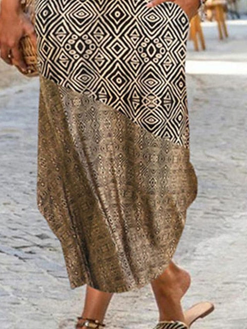 Ethnic Dress Shift Dress Boho Dress Midi Dress Khaki Short Sleeve Geometric Pocket Spring Summer Crew Neck Boho Weekend Loose Fit S M L XL XXL for Women