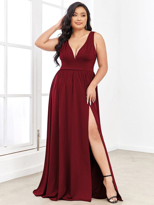 Evening Elegance Plus Size V-Neck Empire Waist High Slit Dress