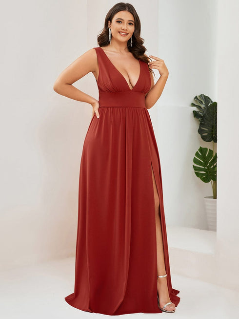 Evening Elegance Plus Size V-Neck Empire Waist High Slit Dress