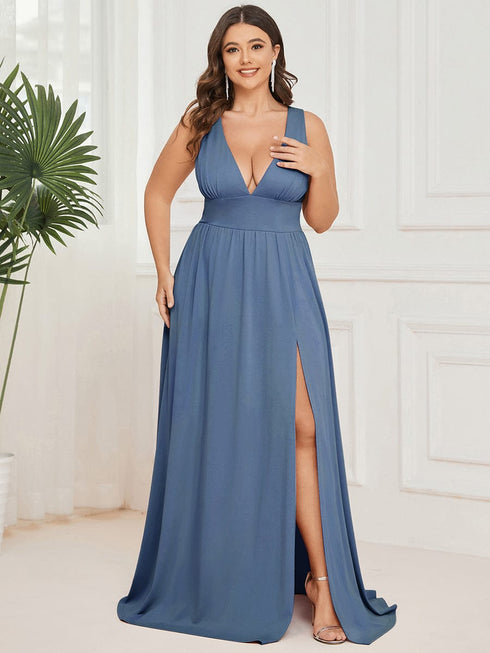 Evening Elegance Plus Size V-Neck Empire Waist High Slit Dress