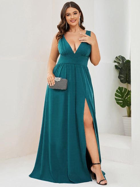 Evening Elegance Plus Size V-Neck Empire Waist High Slit Dress