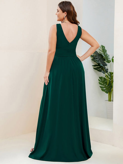 Evening Elegance Plus Size V-Neck Empire Waist High Slit Dress