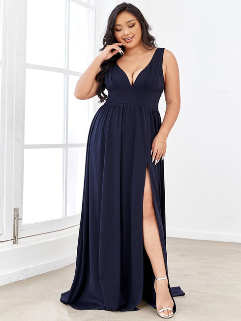 Evening Elegance Plus Size V-Neck Empire Waist High Slit Dress