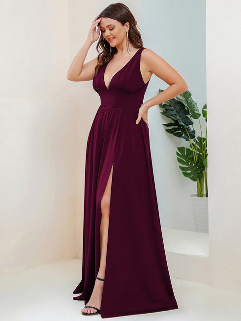Evening Elegance Plus Size V-Neck Empire Waist High Slit Dress