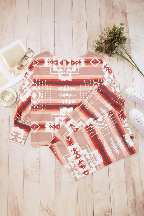 multicolour-aztec-print-puff-sleeve-pullover-and-pants-lounge-outfit