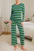 Green Stripe Contrast Trim Long Sleeve Top Loose Pants 2pcs Pajama Set