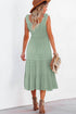 Green Shirred Pleated Square Neck Sleeveless Midi Dress