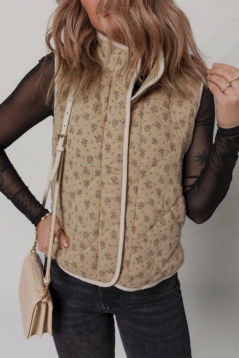 Khaki Floral Print Quilted Concealed Button Vest
