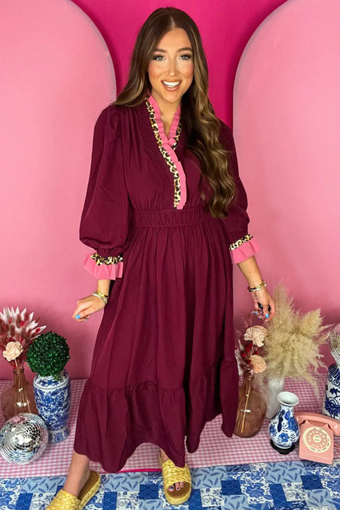 Burgundy Contrast Frilled Trim V Neck 3/4 Ruffled Sleeve Flowy Midi Dress
