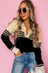Black Colorblock Stripe Collared V Neck Sweater