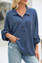 Navy Blue Oversized Twist Ribbed Collared Henley Top with Roll up Sleeve