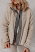 Oatmeal Fleece Sherpa Snap Buttoned Contrast Trim Winter Jacket