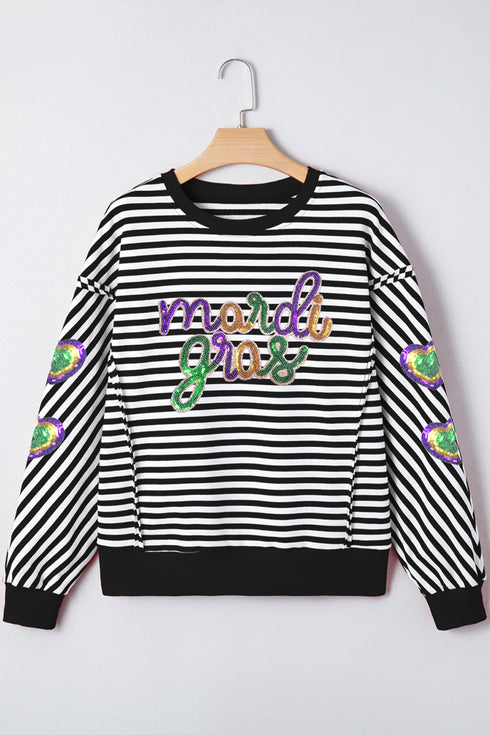 Black Stripe Raw Seam Detail Sequin Mardi Gras Heart Patched Graphic Long Sleeve Top