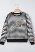 Black Stripe Raw Seam Detail Sequin Mardi Gras Heart Patched Graphic Long Sleeve Top