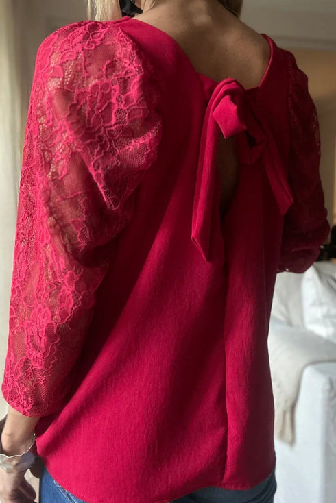 Coral Lace Patchwork 3/4 Sleeve V Neck Blouse