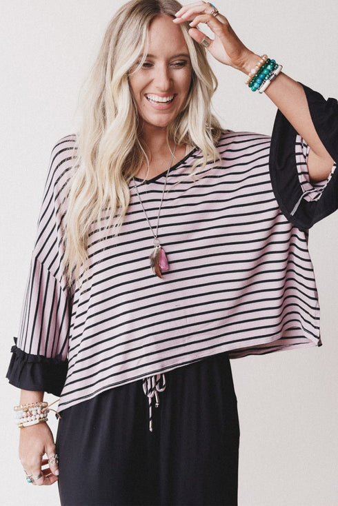 Black Striped Drop Shoulder 3/4 Ruffled Sleeve Loose Top and Ruffled Drawstring Pants 2pcs Outfit