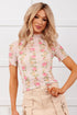 Beige Floral Print Mock Neck Short Sleeve Mesh Top