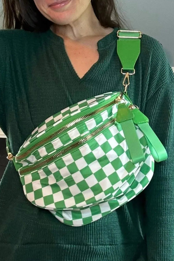 Green Checkered Print Wide Strap Large Crossbody Bag