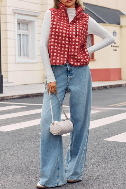 Red Checkered Texture Plush Zip Up Winter Vest