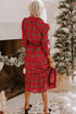 Red Christmas Plaid V Neck 3/4 Sleeve Tie Waist Ruffle Hem Midi Dress