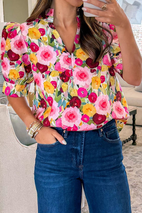 Pink Floral Frilled V Neck Puff Short Sleeve Blouse