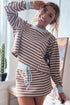Brown Stripe Contrast Webbing Patchwork Cropped Long Sleeve Top Drawstring Mini Skirt Set