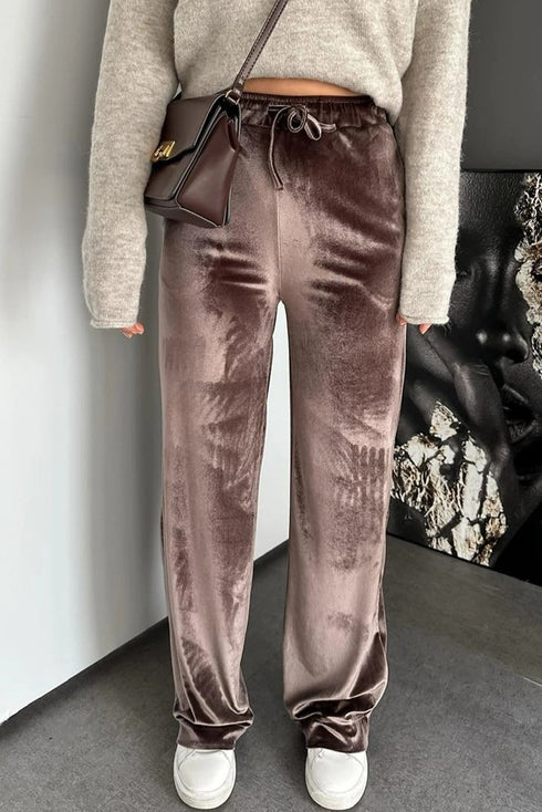 Goat Shiny Velvet Drawstring High Waist Straight Leg Casual Pants