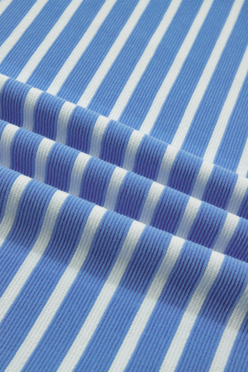 Sky Blue Stripe Contrast Trim Loose Short Sleeve Top