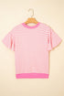 Sachet Pink Contrast Detail Striped Ruffle Short Sleeve Top