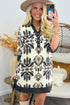 Black Vacation Floral Print Color Block Trim Shirt Collar 3/4 Sleeve Shift Mini Dress