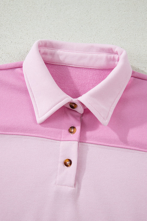 Pink Raw Seam Color Block Patchwork Button Polo Collar Mini Dress