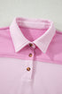 Pink Raw Seam Color Block Patchwork Button Polo Collar Mini Dress