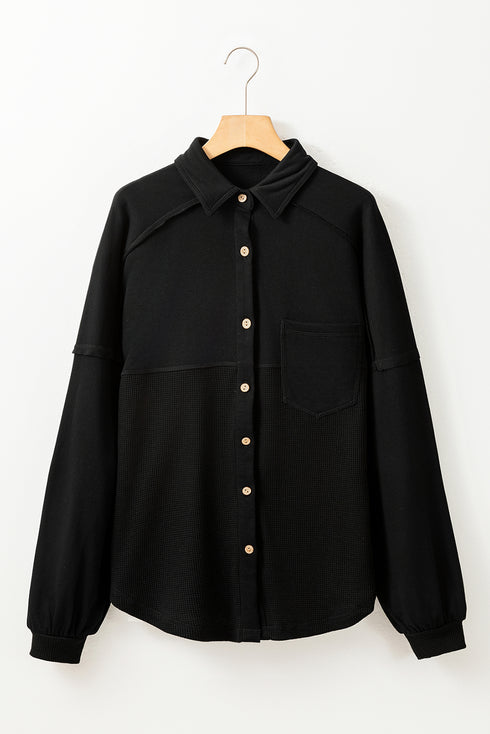 Black Waffle Knit Patchwork Exposed Seam Loose Shacket