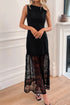 Black Solid Color Sleeveless Sheer Floral Lace Patchwork Long Dress