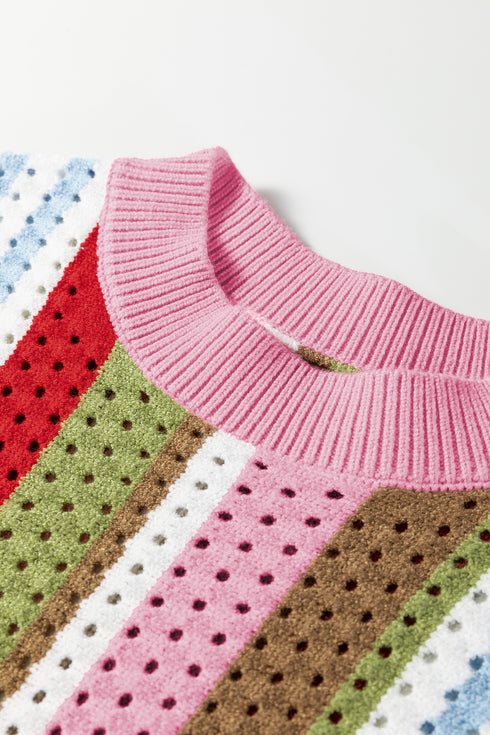 Multicolour Striped Pointelle Knit Short Sleeve Sweater
