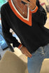 Black Contrast Striped Trim V Neck Varsity Sweater
