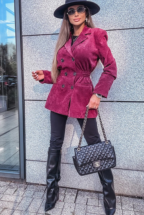 Pitaya Pink Corduroy Double Breasted Smocked Waist Blazer