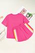 Rose Red Vibrant Striped Detail Athleisure 2pcs Short Set