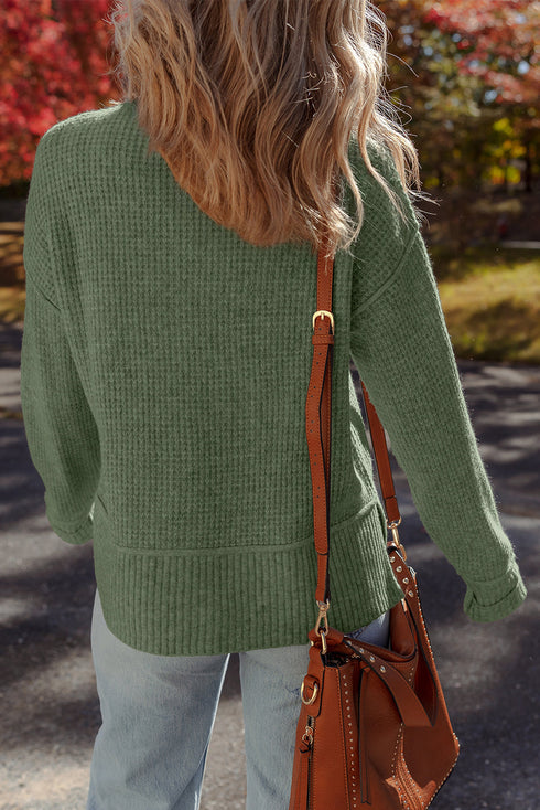 Mist Green Waffle Texture Knit Ribbed High Neck Drop Shoulder Sweater
