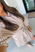 Brown Stripe Knot Waist Puff Sleeve Button Down Mini Shirt Dress