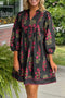 Black Floral Print Notched Neck Piping Trim Bracelet Sleeve Babydoll Dress