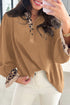 Camel Contrast Leopard Print Patchwork Polo Collar Buttons Front Ruffled Long Sleeve Blouse
