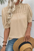 Parchment Textured Knit Eyelet Embroidered Patchwork Ruffled Neck Short Sleeve Blouse