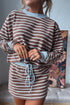 Brown Stripe Contrast Webbing Patchwork Cropped Long Sleeve Top Drawstring Mini Skirt Set