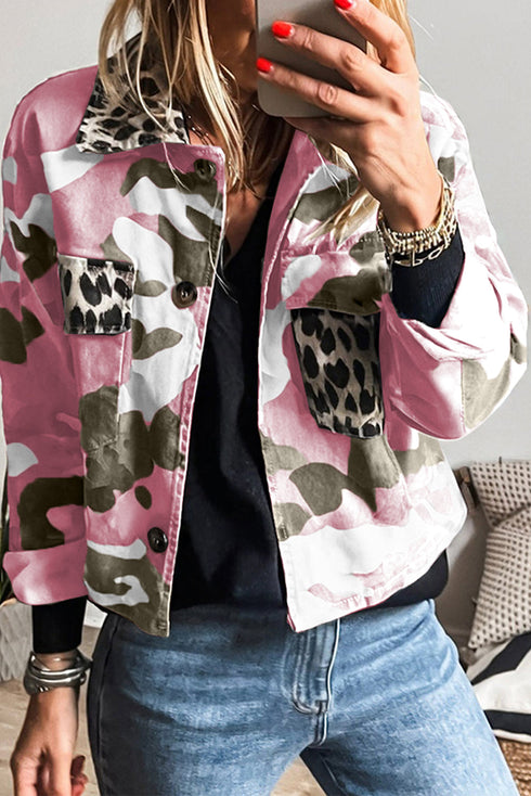 Pink Camo Leopard Patchwork Flap Pocket Crop Jacket