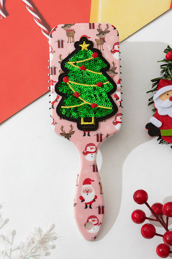 Pink Holiday Fashion Print Sequin Christmas Tree Patched Air Cushion Comb