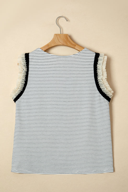 Black Stripe Contrasted Ruffle Trim Casual Tank Top