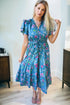 Blue Floral Flutter Sleeve Button Tie Split Neck Belted Long Dress
