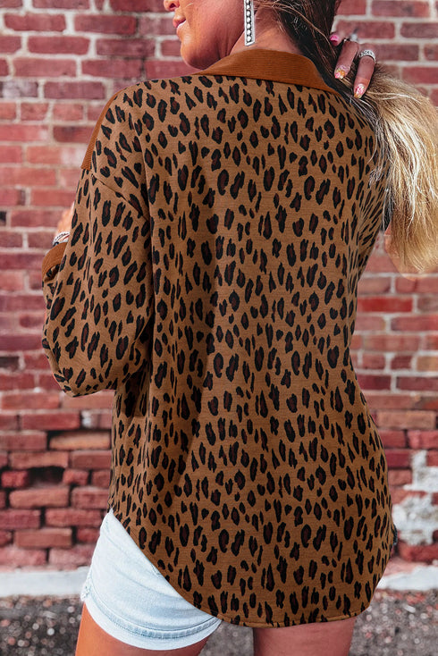 Chestnut Leopard Print Contrast Texture Patchwork Button Flap Pocket Casual Shacket